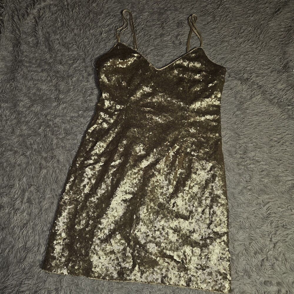 ABERCROMBIE & FITCH Medium Gold Sequin Slip Mini Dress Y2k NYE Glam Chic Preppy - Picture 2 of 8